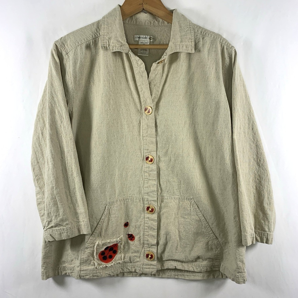 VTG Womens Novelty Ladybug Linen Blend Button Top Jacket M/L Layer Whimsical